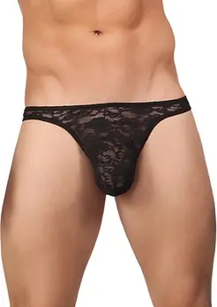 Male Power Stretch Lace Comfort-Fit Bong Thong S/M Black