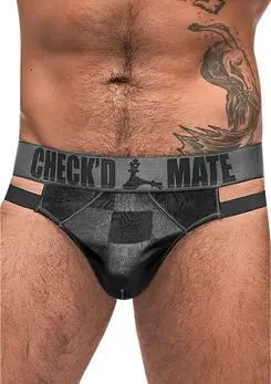 Male Power Check'd Mate Cutout Thong S/M Black - Geometric Mesh Design