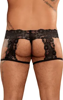 Male Power Scandal-Lace Garter Shorts L/XL Crna - Mreža i čipka dizajn