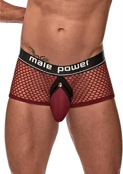 Male Power Mini Intimate Ring Shorts L Burgundy Satin Waistband