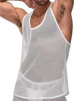 Male Power Stretch Net Tank Top S/M White - Breathable Mesh Design