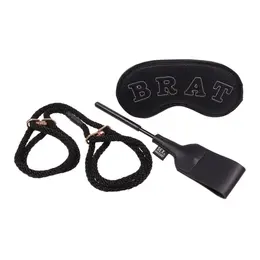 Sportsheets Knotty Brat Set - Konopčeve Lisice, Povez za Oči i Mini Crop, Crna-Rose Gold