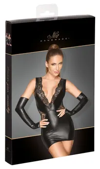 Noir Handmade Dress S Powerwetlook with Lace Detailing Black