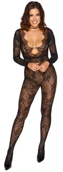 Cottelli FANTASY Čipkani Catsuit S-L, Dugi Rukavi, Duboki Dekolte, Crni