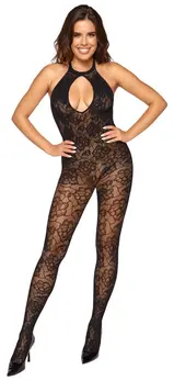 Cottelli Fantasy Catsuit S-L Floral Mesh, Open Design, Black
