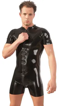 LateX Muški Latex Playsuit S Crna 0.4mm sa 3-Smjernom Patent Bravom