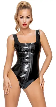 LateX Bodysuit Zip M Crni sa kvadratnim dekolteom i dvosmernim rajsferšlusom 0.35mm