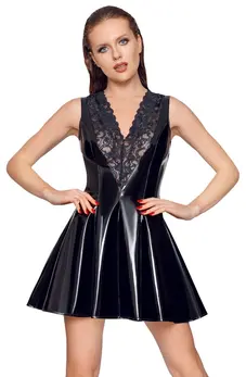 Black Level Vinyl Dress L with V-Shaped Lace Insert, Shiny Black
