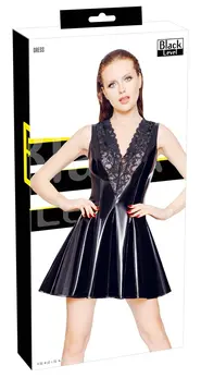 Black Level Vinyl Dress M - Shiny Black with Lace Detail, Flared Skirt