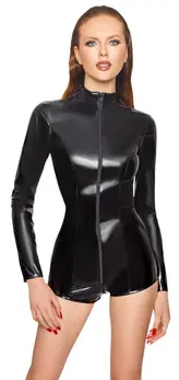 Black Level Vinyl Jumpsuit S - Shiny Black, Long Sleeve, 2-Way Zip