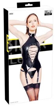 Black Level Vinyl Corset Set M - Shiny Adjustable Basque & String