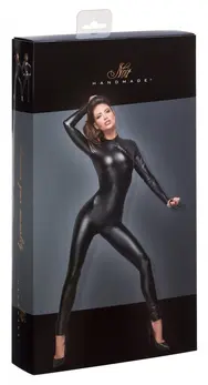 Noir Handmade Powerwetlook Catsuit M with Leash and 2-Way Zipper