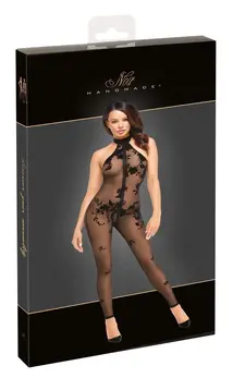 Noir Mesh Catsuit M Black Floral Flock Off-Shoulder 3-Way Zip