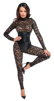 Noir Handmade Catsuit Lace & Powerwetlook with Open Back, Black