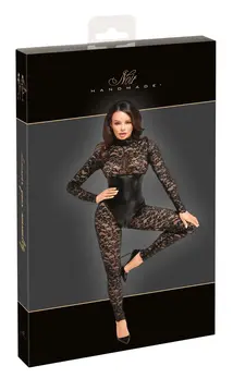 Noir Handmade Catsuit Lace & Powerwetlook, Long Sleeve, High Neck