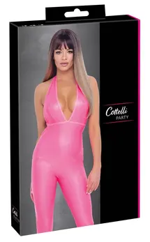Cottelli PARTY Neon Pink Kombinezon S - Sjajni Halternek Bodysuit