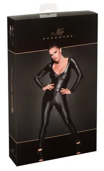 Noir Handmade Power Wet Look Jumpsuit with 2-Way Zip, Black, L