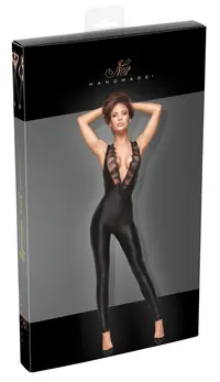 Noir Handmade Power Wet Look Jumpsuit XL with Embroidery, Black