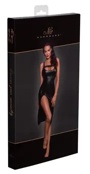 Noir Handmade Powerwetlook Midi Dress M - Sleek Black, Ruffled Neckline