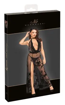Noir Handmade Dugačka Mrežasta Halter Haljina Crna Cvetni Dezen M