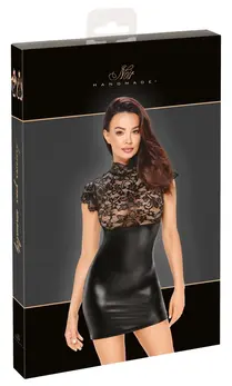 Noir Handmade Haljina XL - Crna Čipka & Powerwetlook, Stojeća Kragna