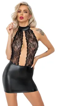 Noir Handmade S Elegant Lace & Powerwetlook Black Mini Dress