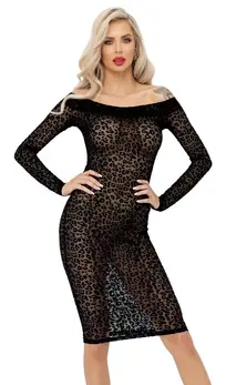Noir Leopard Pattern Powernet Off-Shoulder Midi Dress L