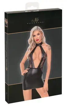 Noir Handmade Mini Dress Lace L - Shiny Wet Look & Lace Panels
