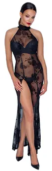 Noir Handmade Duga Haljina L - Cvetni Powernet, Visoki Prorez, Crna