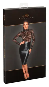 Noir Handmade Dress M - Lace & Wetlook, Long Sleeve, Knee-Length