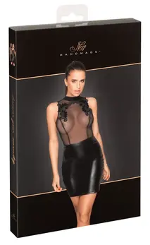 Noir Handmade Powernet & Wetlook Dress S - High Collar, Open Back