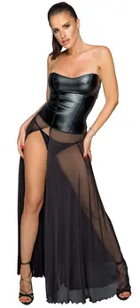 Noir Handmade Long Power Wet Look & Mesh Dress Gemstone S Black