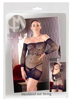 Cottelli Collection Net Mini Dress S-L with Integrated Gauntlets Black