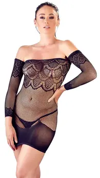 Cottelli Collection Net Mini Dress S-L with Integrated Gauntlets Black