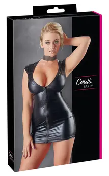 Cottelli Collection Wet Look haljina S crna sa prednjim dvosmernim patent zatvaračem