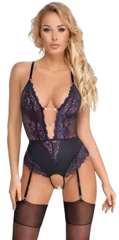 Cottelli Lingerie Bodysuit Black/Purple L with Adjustable Straps