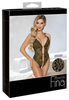 Abierta Fina Body Gold XL - Black Lace Bodysuit with Metallic Details