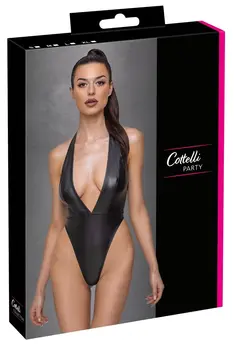 Cottelli Party Bodysuit Matte Look XL - Deep Neckline, Halterneck, Black