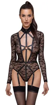 Cottelli LINGERIE Body Lace L dugih rukava, podesivi pojas, Crna
