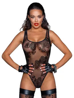 Noir Handmade Flock Powernet Bodysuit S - Transparent Velvet Pattern