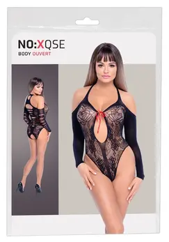 NO:XQSE Čipkasti Body 3/4 Rukavi Otvorena Ramena Crvena Mašna S-L