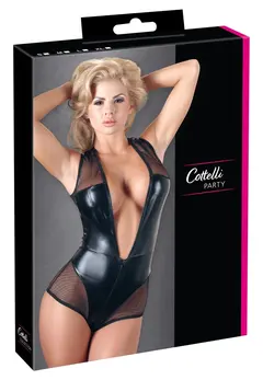 Cottelli Collection Crni Bodi Bez Rukava XL, Wet Look & Mesh, sa Patent Zatvaračem
