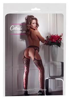 Cottelli Collection L/XL Black Fence Net Suspender-Style Tights with Pink Lacing
