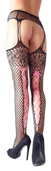 Cottelli Collection L/XL Black Fence Net Suspender-Style Tights with Pink Lacing