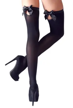 Cottelli Collection Hold-Up Stockings M Black with Bow & Rhinestone Trim