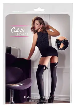 Cottelli Collection Hold-Up Stockings L Black with Bow & Rhinestone