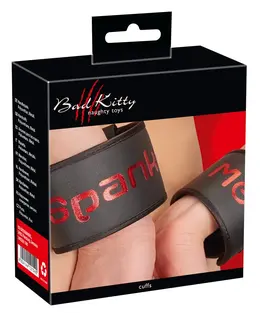 Bad Kitty Adjustable Soft Handcuffs with Strap - Black & Red Design