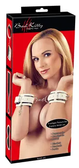 Bad Kitty Glow Fetish Set - Blindfold, Adjustable Cuffs & Paddle