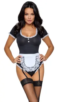 Cottelli COSTUMES Bodistički komad za konobaricu M sa čipkastim ukrasima i podesivim tregerima crno/belo