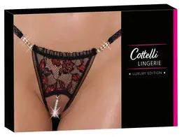 Cottelli Lingerie čipkani tanga M/L sa uklonjivim bisernim lancem, Crna/Roze